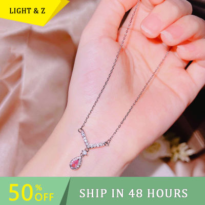 LIGHT &amp; Z ใหม่หรูหรา Angel Wings Water Drop สร้อยคอเพชรสีชมพูหญิงทั้งหมดตรงกับคริสตัลสีชมพูขนาดเล็ก Tear Drop จี้