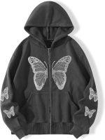 Beswow Sweatshirts for Women - Butterfly Print Zip Up Drawstring Thermal Hoodie (Color : Dark Grey, Size : X-Large)