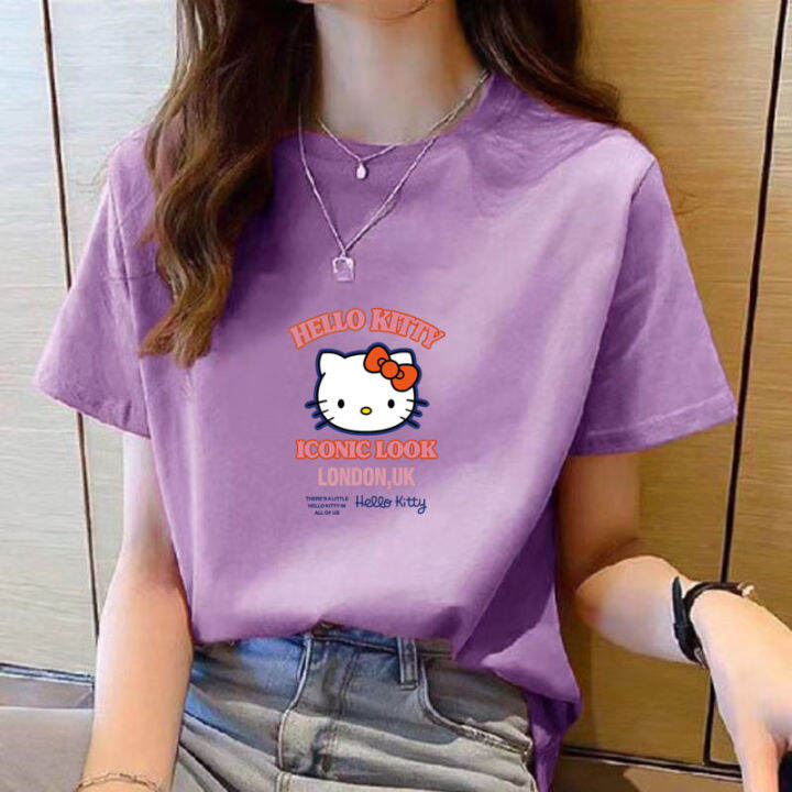 เสื้อยืดคอกลมสำหรับผู้หญิงแขนสั้นพิมพ์ลายการ์ตูนสีดำลำลองใหม่สำหรับฤดูร้อนเสื้อยืดหลวมแฟชั่นสำหรับผู้หญิงเรียบง่ายไซส์ใหญ่พิเศษ