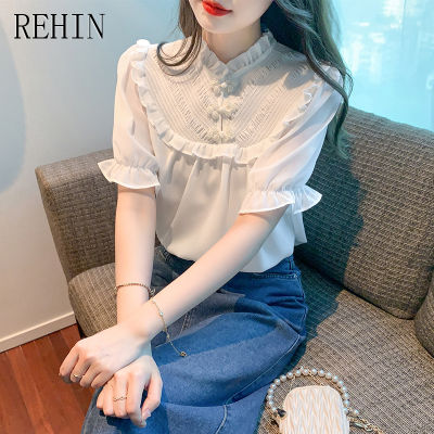 REHIN เสื้อผู้หญิงแขนสั้น,เสื้อผู้หญิงแขนสั้นชุดผ้าชีฟองมีปกหูสีขาวทำจากไม้ช่องความรู้สึกการออกแบบแฟชั่นใหม่ฤดูร้อน