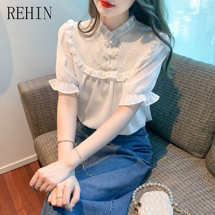 rehin-เสื้อผู้หญิงแขนสั้น-เสื้อผู้หญิงแขนสั้นชุดผ้าชีฟองมีปกหูสีขาวทำจากไม้ช่องความรู้สึกการออกแบบแฟชั่นใหม่ฤดูร้อน