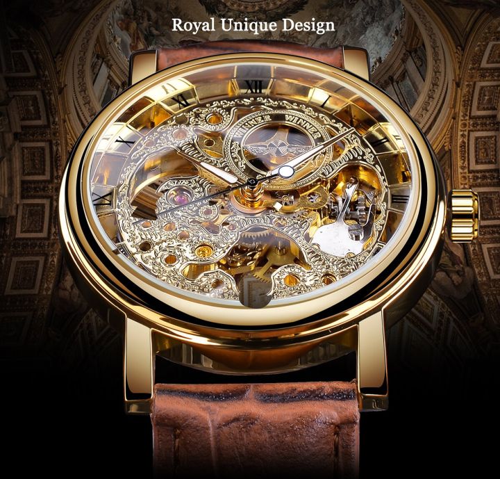 เคสนาฬิกาเรือนสีทองผู้ชายสายหนังสีน้ำตาลโครงกระดูกนาฬิกากลไกย้อนยุคดีไซน์คลาสสิก