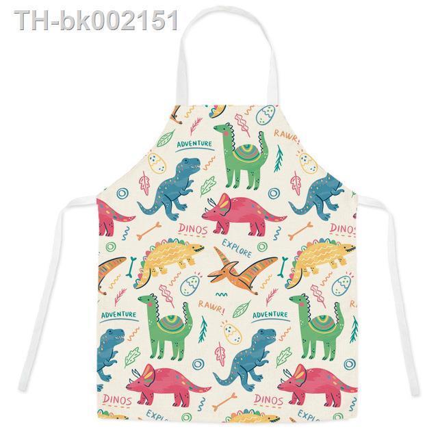 linen-sleeveless-apron-nordic-cartoon-small-dinosaur-apron-kitchen-cooking-fabric-art-adult-home-aprons-for-women-delantal