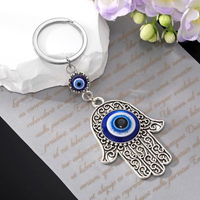 Vintage Blue Evil Eye Hamsa Hand Keychain Keyring For Women Men Metal Round Turkish Eye Fatima Hand Bag Car Best Gift Jewelry Key Chains