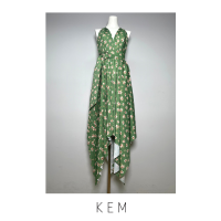 Kemissara Eva Dress Floral Green  เดรสพลีตผู้หญิง เดรสยาวผ้าพริ้วสบาย เดรสปล่อยสบายมีสายคาดเอว