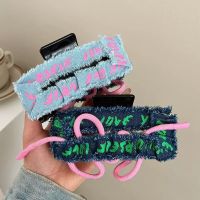 13cm New Oversize Asymmetrical Denim Fabic Hair Claw Clip Women Y2k Cool Korean Letter Barrettes Hairpin Hair Accessories