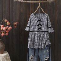 【มีไซส์ใหญ่】Plus Size Womens XL-4XL V-neck Plaid Summer Blouses Short Sleeve Vintage Elegant Female Tops