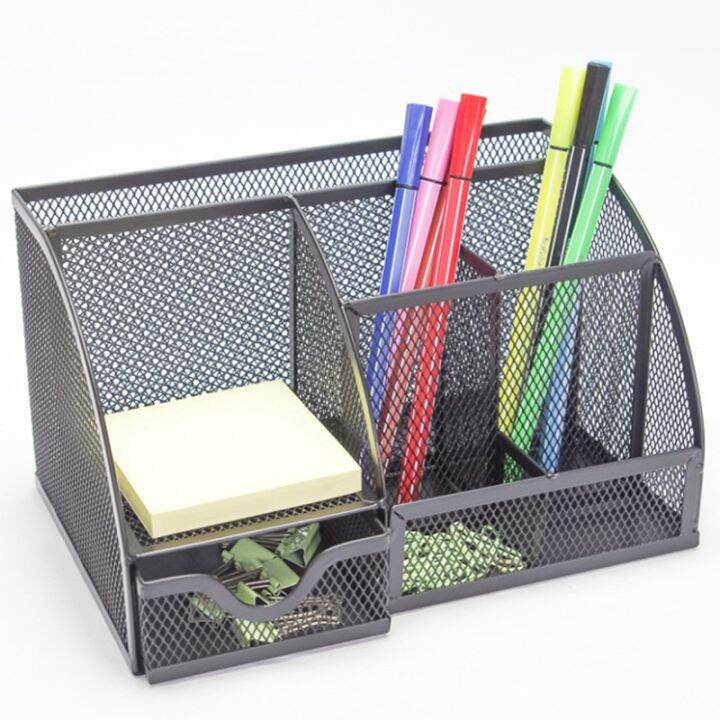 mesh-desk-organizer-pen-holder-accessories-storage-caddy-with-6-compartments-and-drawer-office-supplies-gift-1-pcs