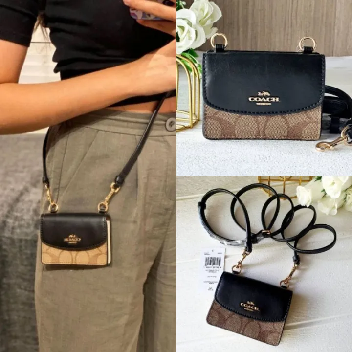 Coach Flap Card Case On Lanyard In Colorblock Signature Canvas Khaki