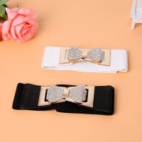 【cw】 Ladies Elastic Waistband Fashion Wide Girdle KoreanRhinestone BowBuckleBelts forLuxury Designer Brand