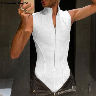 INCERUN เสื้อกั๊กมีซิปรูดสำหรับผู้ชายเสื้อยืดชุดจั๊มสูทสีเดียวลำลองกางเกงชั้นใน (สไตล์ตะวันตก)