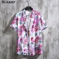 mens Hawaiian Hainan travel flower plus size beach half-sleeve thin section breathable top