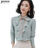 Light Blue Shirt Women Autumn Retro Long Sleeve Stand Collar Ruffles Chiffon Blouses Office Ladies Fashion Work Tops