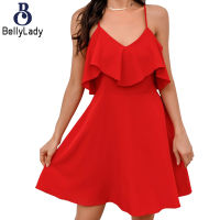 1 90% Polyester 10% Spandex Fashion Foreign Trade Deep V Neck Ruffled Dress【fast】