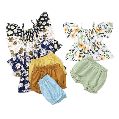 ฤดูร้อน2ชิ้นท็อปส์กางเกงขาสั้นเสื้อผ้าเด็กผู้หญิงชุด0-12เมตรพิมพ์ดอกไม้แฟชั่นริมทะเล