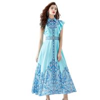 Ladies dress fashion new 2023 early autumn palace style lapel single placket small flying sleeve printing long dress