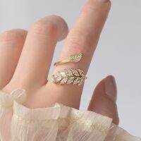Yuki S แฟชั่นเกาหลี14K Gold Full CZ Leave แหวนเปิดการออกแบบ AAA Zircon Delicate Daily จี้ประดับ