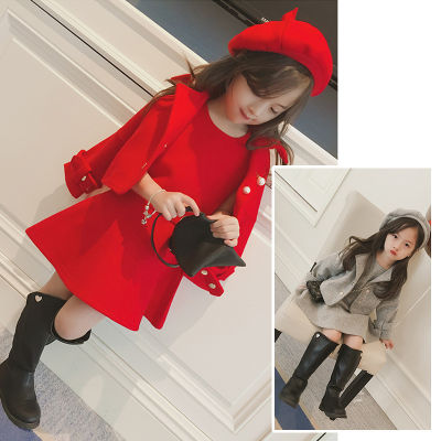 Childrens clothing 2020 spring and winter girls three-piece girl suit wool coat + vest skirt + hat fw1