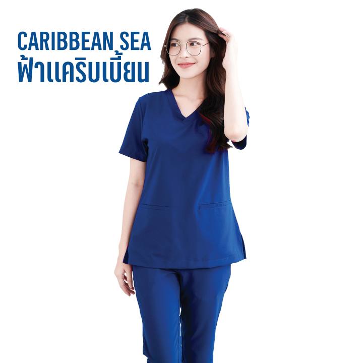 เสื้อสครับ-ผู้หญิง-md-scrub-plus-มี-4-สี-กรมท่า-เทา-แดงมารูน-ฟ้าแคริบเบี้ยน-เฉพาะเสื้อ