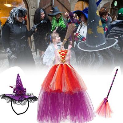 Halloween Witch Dress Sleeveless Tutu Dress with Hat Cosplay Costume Tulle Dress High Low Purple Dress with Broom for Theme Parties Gatherings Carnivals Stage Performances carefully