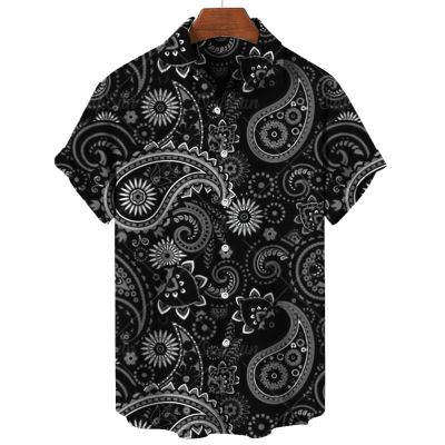 เสื้อฮาวายสำหรับผู้ชาย3D เสื้อเดรสลาย Paisley เสื้อเสื้อลำลองแขนสั้นฤดูร้อนขนาดใหญ่เสื้อยืดสีดำพิมพ์ลาย