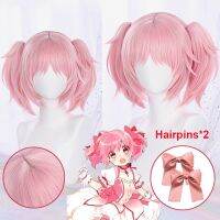 Anime Puella Magi Madoka Magica Cosplay Madoka Kaname Cosplay Wigs Pink 30Cm Short Clip Ponytails Heat Resistant Wigs + Wig Cap