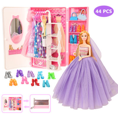 Fashion Cute Doll Accessories 44 Items= 1 Wardrobe+43 Clothes Crown Necklace Hanger Shoes Dress for Barbie Kids Toys Girl Gift