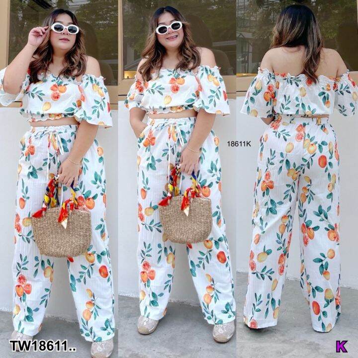 tw18611-set-bigsize-2-ชิ้น-เซตครอปเสื้อทรงปาดไหล่-กางเกงขายาว