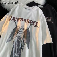 MAYCHEER    เสื้อคอกลมแขนสั้นผู้ชาย,เสื้อเสื้อยืดพิมพ์ลายลำลองหลวมฤดูร้อนแฟชั่น