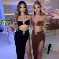 【HOT】♚ 044 Strapless Crop Top Slit Waist Pieces Suits Fashion Streetwear