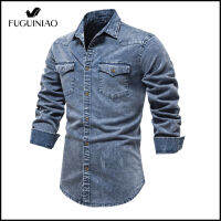 FUGUINIAO ผู้ชายผ้าฝ้าย Denim เสื้อลำลองกระเป๋าคู่สีทึบ Slim คุณภาพฤดูใบไม้ร่วงผู้ชายเสื้อTH