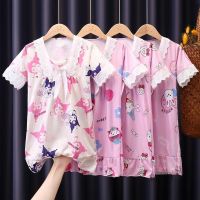 【Ready Stock】 ♙ C22 Girls Nightdress Summer Thin Short-Sleeved Childrens Pajamas Female Princess Style Lace Skirt