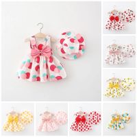 2Piece Summer Clothes Baby Girl Beach Dresses Casual Fashion Print Cute Bow Flower Princess Dress Hat Newborn Clothing Set