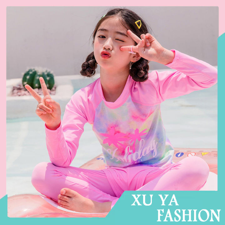 2pcs-girls-swimsuit-long-sleeved-split-fake-two-piece-swimwear-round-neck-tops-trousers-high-elastic-swimsuit-sunscreen-wear