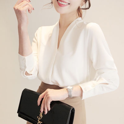 ใหม่เสื้อชีฟองสีขาวหญิงคอวีเกาหลีแขนยาวหลวมเสื้อเชิ้ตสีขาวเกาหลีมืออาชีพwear