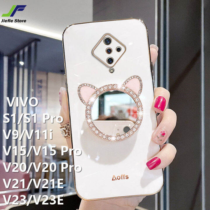 jiefie-น่ารักสำหรับ-vivo-s1-pro-s1-v9-v11i-v15-v15-pro-v20-v20-pro-v21-v21e-v23-v23e-แต่งหน้ากระจกโทรศัพท์กรณี-chrome-glossy-soft-tpu-เคสโทรศัพท์พร้อมที่วางโทรศัพท์