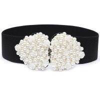 Women Fashion Pearl Rose Flower Love Buckle Belt Black White High Quality Elastic Band All-Match Dress Coat Elastic Girdle