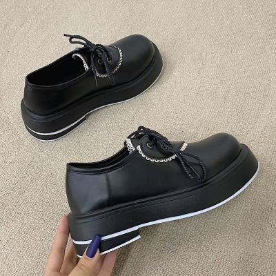 Women Oxfords 2022 New Black Beige Leather Flats Lace Up Platform Loafers Spring Autumn Girl Student Design Lolita Shoes Women