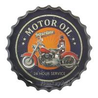 ป้ายสังกะสีฝาจีบ Motor Oil 24 Hours Service (ปั๊มนูน)