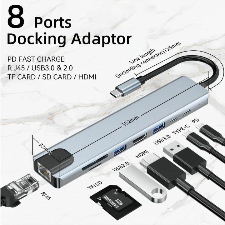 4-8ใน1-usb-ฮับ3-0สำหรับแล็ปท็อปอะแดปเตอร์พีซี-pd-ค่าใช้จ่าย8พอร์ตแท่นวางมือถือ-rj45-hdmi-4k-tf-แผงขยายสัญญาณ-macbook-type-c-splitter-feona