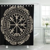 Viking Magical Runic Compass Vegvisir in The Circle Shower Curtain Waterproof Polyester Fabric 72 x 78 inches Set with Hooks