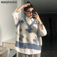 เสื้อกันหนาวคอวีแขนกุดเสื้อกล้ามหมี MAOZHUXIA เสื้อกันหนาวแบบถักเสื้อนอก