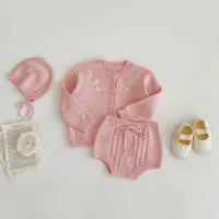 [COD] 2022 Clothing Baby Knitted Hand Embroidered Long-sleeved Top Pants Hat Three-piece Set