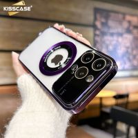 Kisscase เคสโทรศัพท์ PC แบบแข็งใสเคลือบอิเล็คโทรเพลทสุดหรูสำหรับ Iphone 14 Pro Max 14 Plus เคสมีรูโลโก้ฝาแม่เหล็กกันกระแทกสำหรับ Iphone 12Pro 13 Pro Max แฟชั่นมาใหม่ล่าสุดฝาหลังแบบใสขายดี