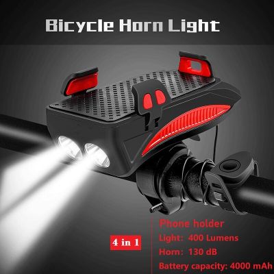 ไฟจักรยานอเนกประสงค์4000มิลลิแอมป์ต่อชั่วโมงชาร์จด้วย USB ที่วางโทรศัพท์ไฟหน้ารถมอเตอร์ไซค์แบบ LED ขี่จักรยานแบตสำรองแตรกระดิ่งแบบ4 IN 1อุปกรณ์จักรยาน