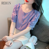 REHIN ผู้หญิงด้านบนรอบคอ Chofon เสื้อแขนสั้น Ruffle Edge Tencel เสื้อหรูหรา