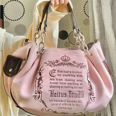 Y2K Women Pink Vintage Gothic Tote Bag Aesthetic Large Capacity Embroidery Letter Retro Ladies Grunge Chain Travel Shoulder Bags Cross Body Shoulder B