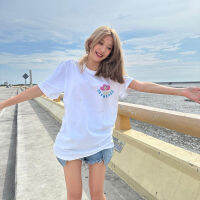 KUMI print T-shirt สุภาพสตรีตัวอักษรพิมพ์รอบคอแขนสั้น oversize T0141