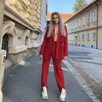 Woman Elegant Red Double Breasted Blazer Suits 2021 Autumn Female Solid Basic Matching Suit Ladies High Waisted Pants 2 Pcs Set