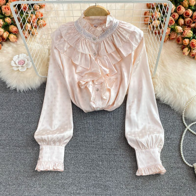 2022 New European American Retro Fashion Blouse Female Printed Shirt Buttoned Blusa Small Stand-up Collar Shirt GK362